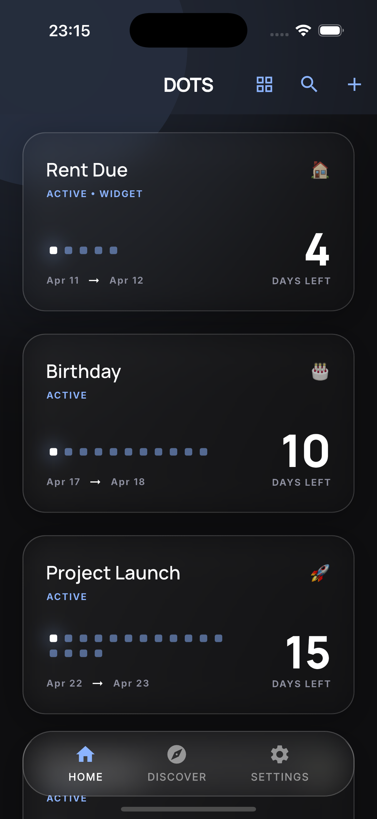 Dots app: home and active countdowns.